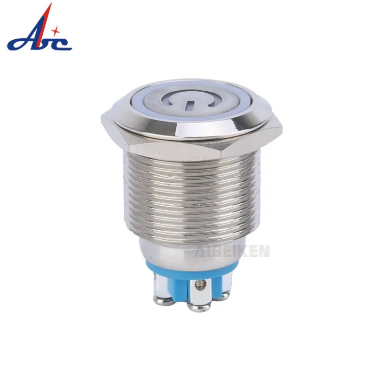 Borne à vis à tête ronde plate 19mm 1no, anneau de verrouillage, Logo d'alimentation, interrupteur à bouton-poussoir en laiton éclairé